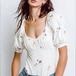 Free People Playdate Floral Puff Sleeve Bodysuit- Large